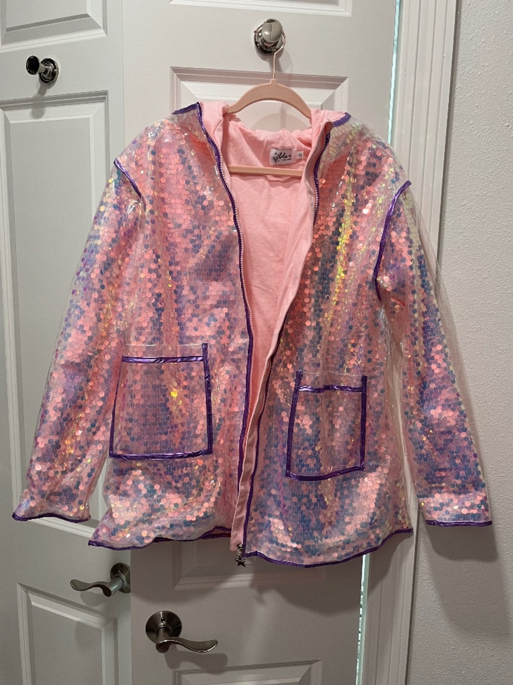Lola + The Boys Sequin Raincoat Pink Iridescent Hooded Jacket Girls S Fits XS